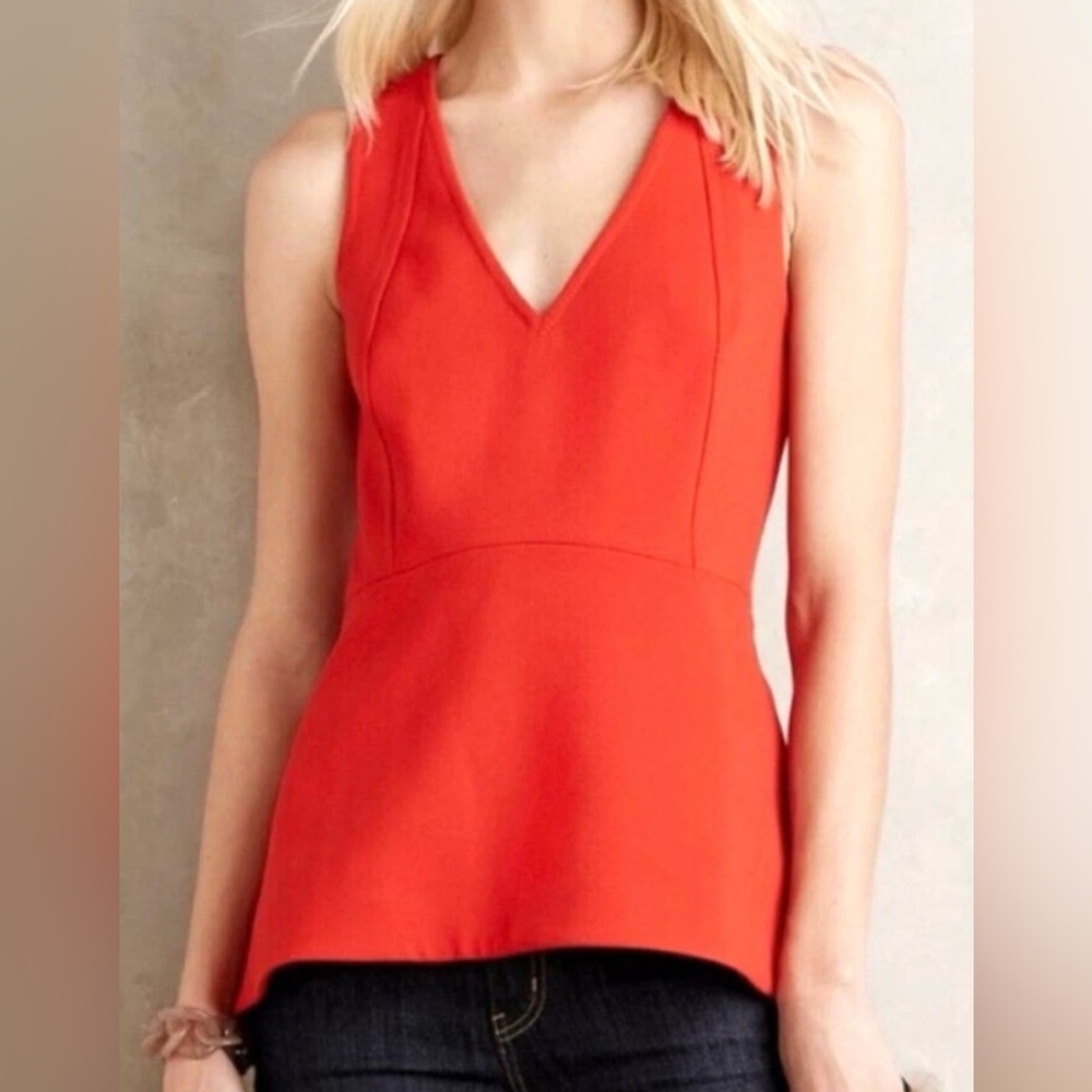 Anthropologie LEIFSDOTTIR Orange Red Hara Peplum Top Size 0 Sleeveless V‎ Neck